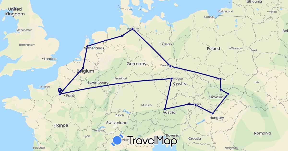 TravelMap itinerary: driving in Austria, Belgium, Czech Republic, Germany, France, Hungary, Netherlands, Poland, Slovakia (Europe)